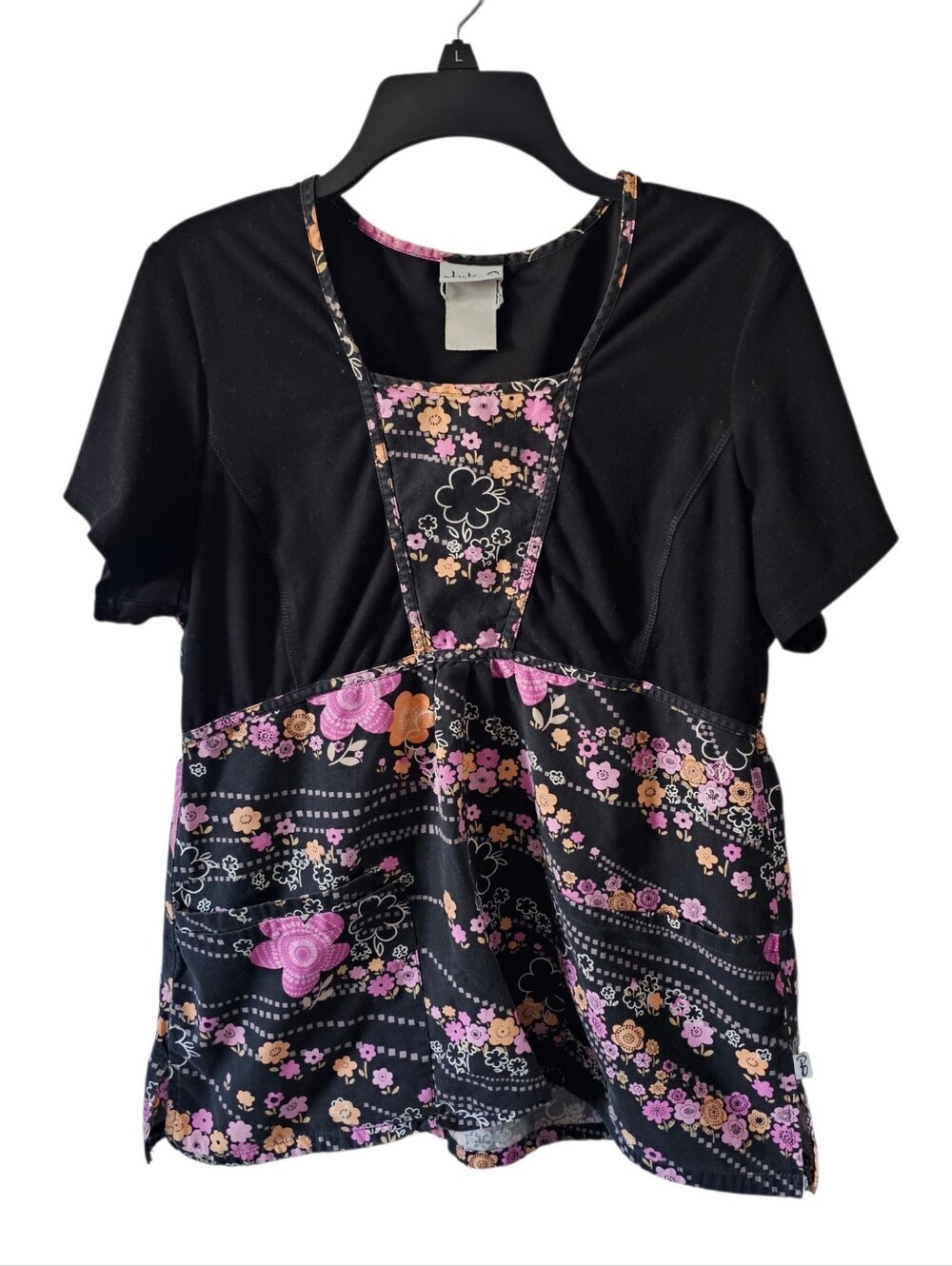 Studio B by Cherokee Scrub Top Medium M Black Pink Floral Print Mock Wrap